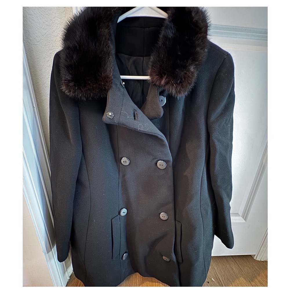 Vintage 60s 70s Adolphe Zelinka Pure Virgin Wool Fur Collar Pea Coat Black